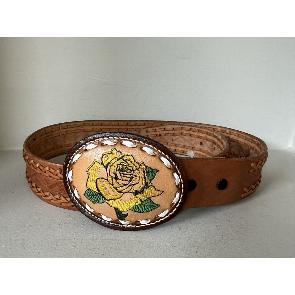 Vintage Hand Tooled Leather Belt Rose Oval Buckle Braided Western Boho Size 36